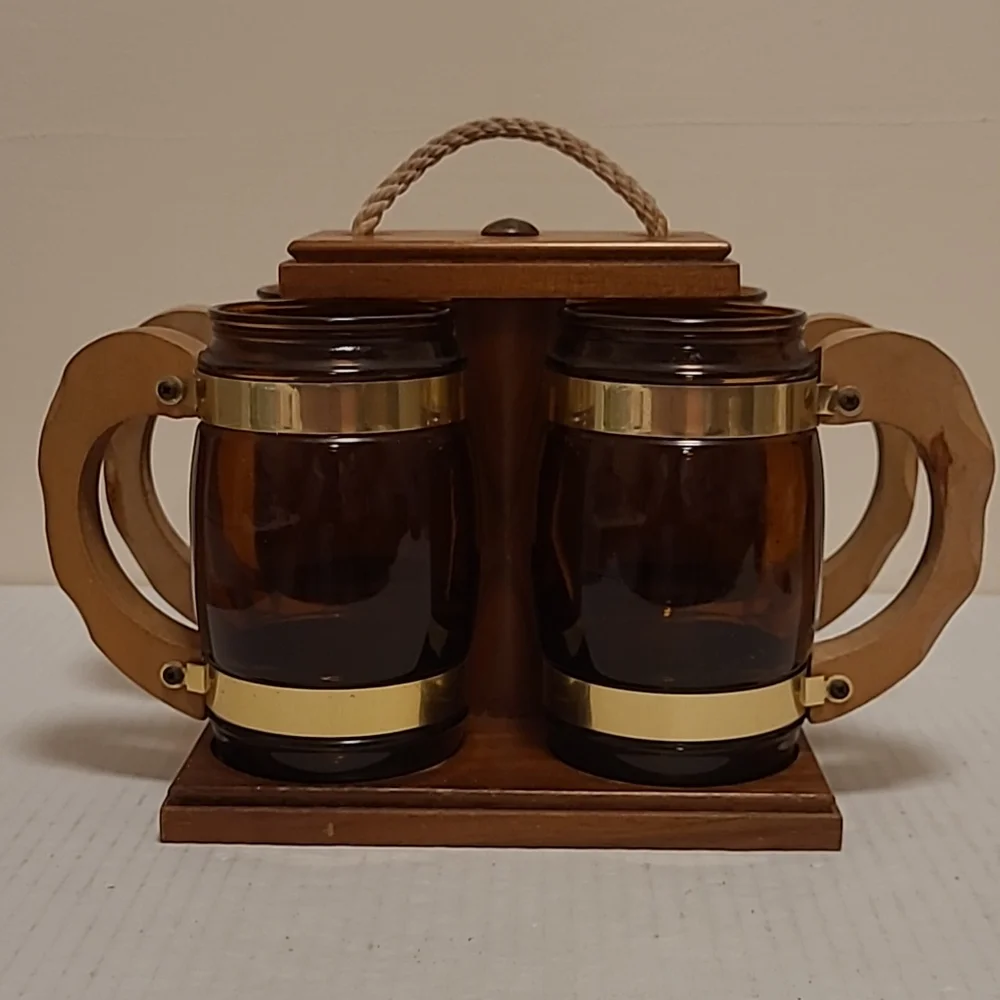 Vintage Wood Caddy Carrier with 4 Mid-Century Beer Mugs